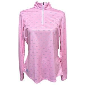 Adidas Primegreen 1/4 Zip Golf Top Women L Pink BLUE MONSTER LOGO Long Sleeve